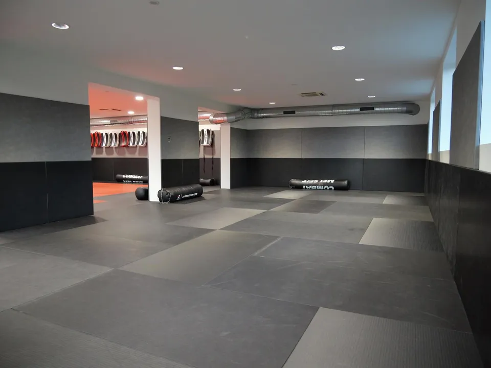 Tapis de lutte gris de la salle Fight Evolution 74