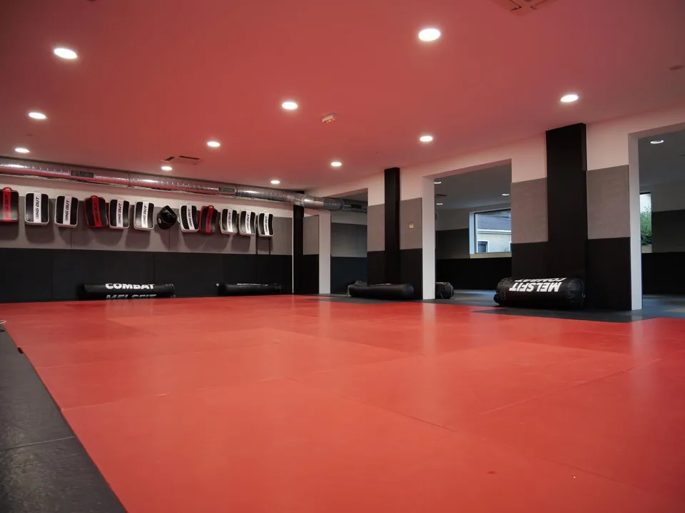 Zone de striking avec tatami rouge, paos et sacs de frappe au sol